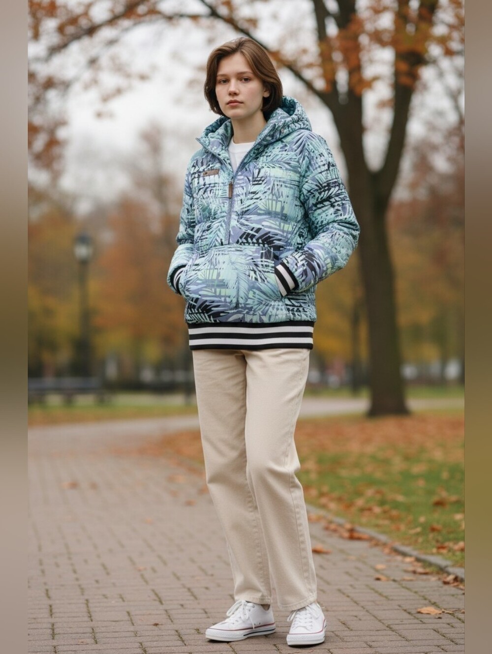 Obermeyer Palm-Print Puffer Hoodie Big Girls L Down Anorak Coat Jacket